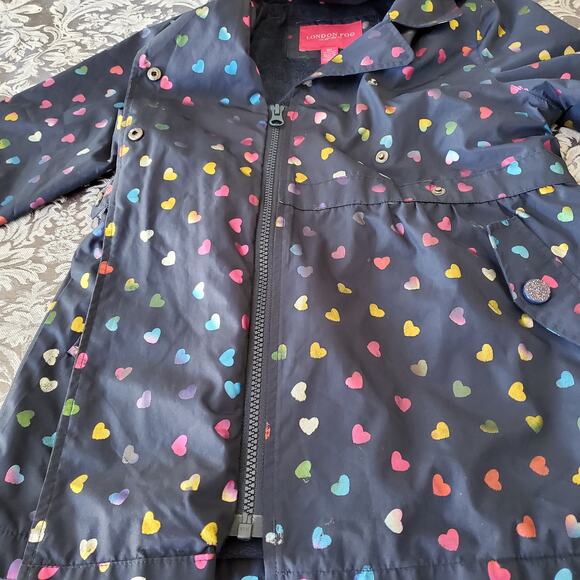 London Fog Girls 6X Rainbow Heart Hooded Rain Coat Jacket Fleece Lined Navy - Picture 6 of 9